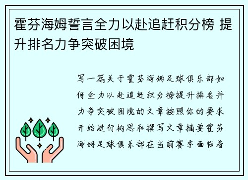 霍芬海姆誓言全力以赴追赶积分榜 提升排名力争突破困境
