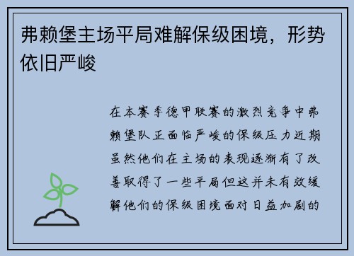 弗赖堡主场平局难解保级困境，形势依旧严峻