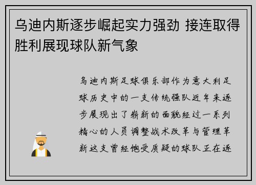 乌迪内斯逐步崛起实力强劲 接连取得胜利展现球队新气象